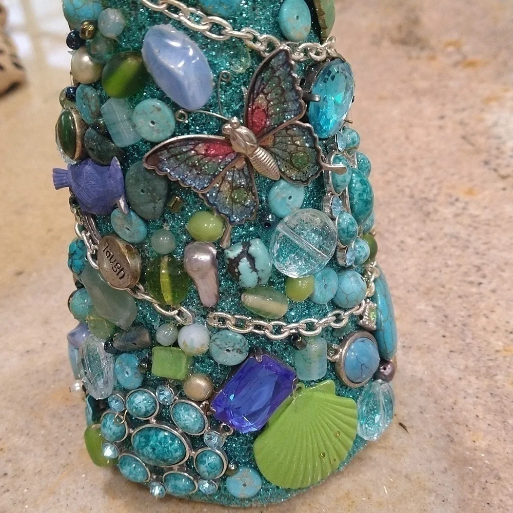 Vintage decor repurposed jewelry Christmas tree blue aqua green 10
